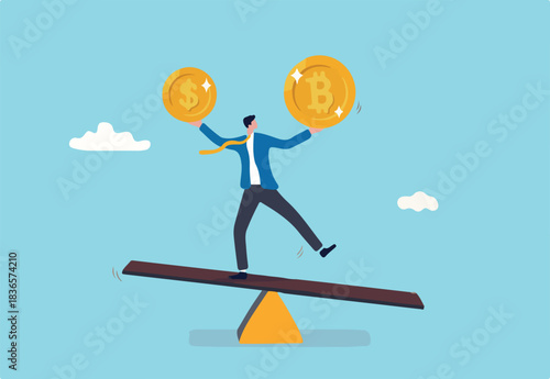 Investment portfolio with Bitcoin or crypto currency, buy or sell trading, crypto market exchange value concept, businessman investor or trader balance portfolio with dollar coin and bitcoin