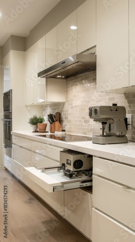 Modern and sleek kitchen design featuring glossy cream cabinets, white quartz countertops, tile backsplash, integrated appliances, and a unique pop-up mixer lift.