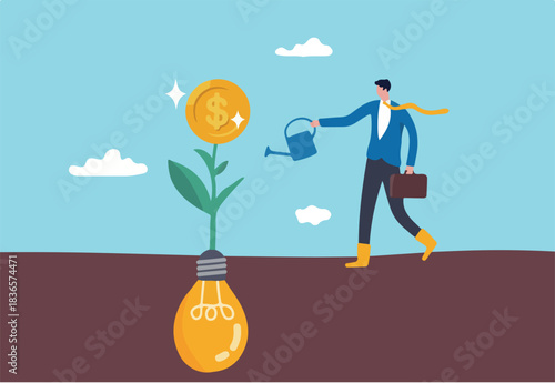 Monetize idea, make profit from creativity or innovation, earn money thinking, startup or fund raising concept, smart business watering on growing money coin seedling plant from lightbulb idea.