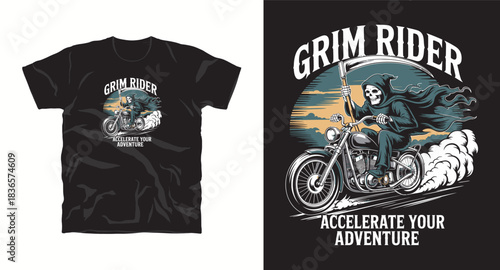Grim rider t-shirt design with reaper on motorcycle
