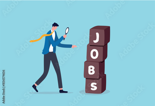 Searching for jobs, recruitment or opportunity for candidate to finding right work and employer, smart unemployed businessman using magnifying glass to looking at stack of boxes with the word Jobs