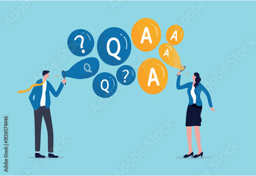 FAQ, frequently asked questions, discussion or questions and answers to get solution on any problems concept, smart businessman and businesswoman blow flying bubbles with Q and A, question mark sign
