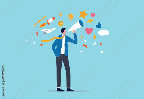 Storytelling, the art of communication or telling and share idea, inspiration, promote marketing campaign in advertising concept, smart businessman marketer using megaphone to tell their story