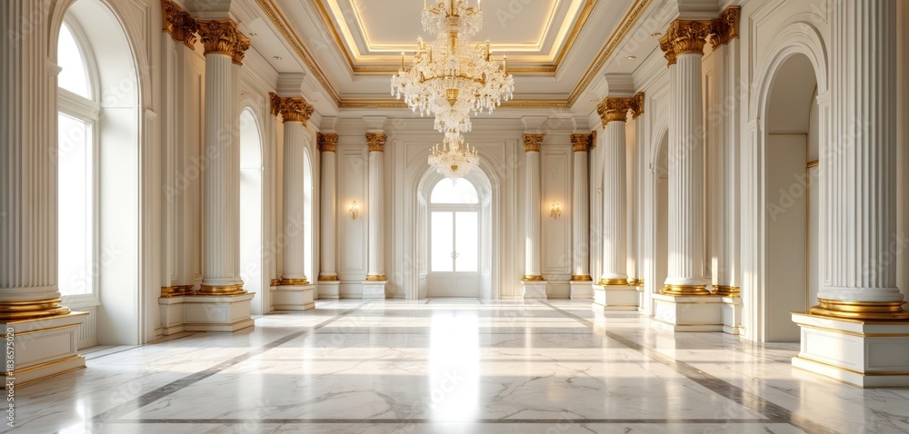 Naklejka premium Grand hall with marble floors features classical columns, ornate gold trim. Large windows, crystal chandeliers illuminate spacious interiors, perfect for luxury events opulent decor. Sunlight streams