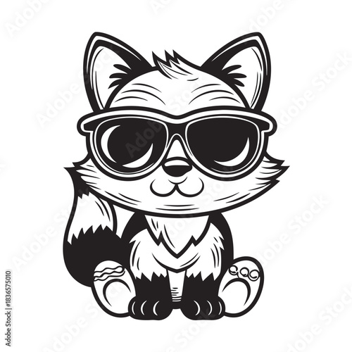 Fox Cub with Sunglasses, Outline Style, Sitting Isolated on White Background, Animal Art