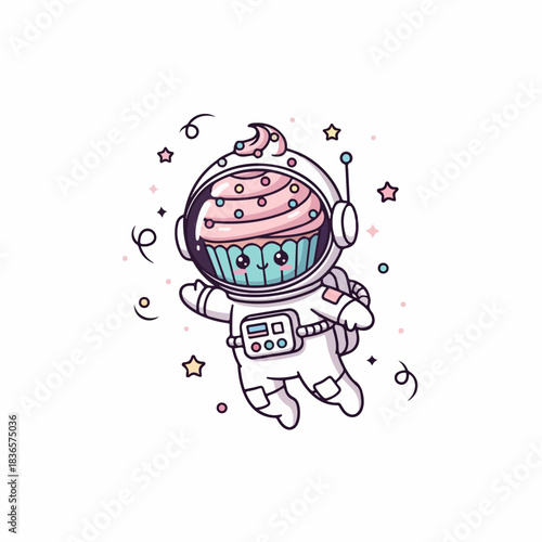 Whimsical space adventurer cupcake astronaut flying on white background vector illustration
