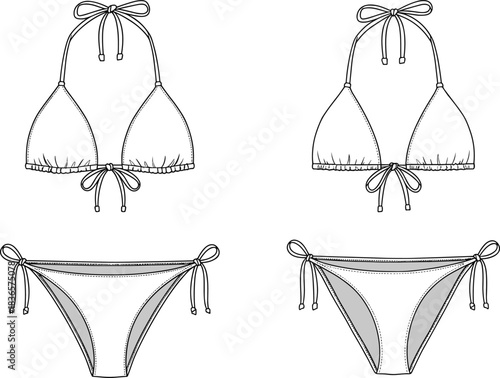 Triangle tie-front bikini swimwear front and back design template, fashion flat beachwear sketch, detailed garment outline for apparel designers, cad drawing flat vector illustration