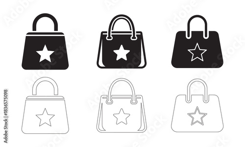 Shopping bag star icons set, perfect for e-commerce, favorites, and loyalty design