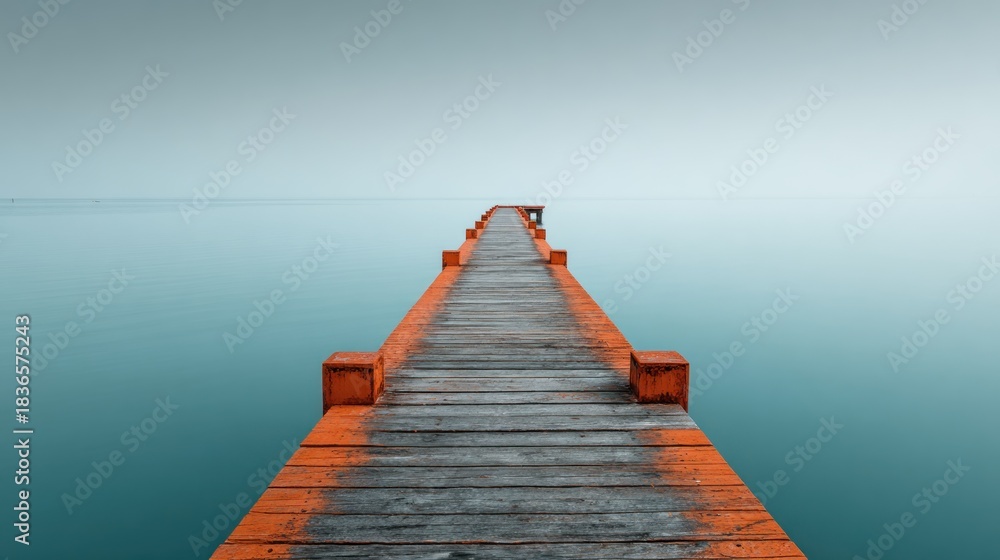 Obraz premium Long wooden pier with weathered paint extending into a tranquil blue-green sea under a minimalist, misty sky, creating a serene and contemplative seascape.