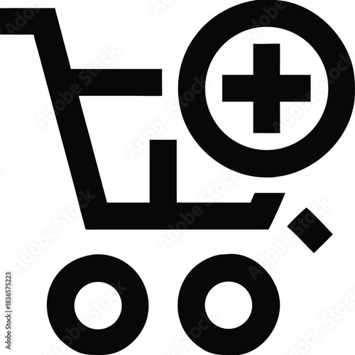 Simple Black Shopping Cart Icon with Plus Sign Design Element on Isolated White