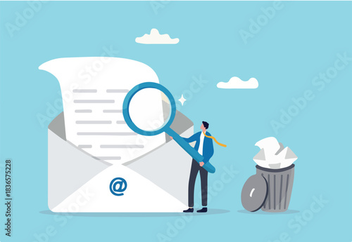 Email scan for cyber security, data protection or junk mail, online communication technology, safety and protection concept, businessman scan email with magnifying glass throw junk mail into bin.