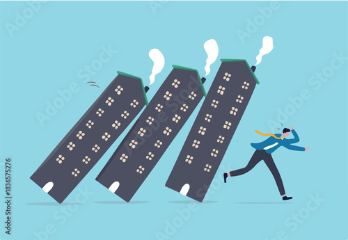 Real estate or property debt crisis causing domino effect, housing and stock market or investment asset fall down concept, panic businessman investor run away from collapsing housing domino.