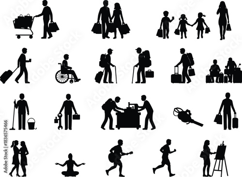 Diverse Activities Silhouettes Collection, People Shopping, Traveling, Working, and Relaxing, Wide Variety of Everyday Life Scenes