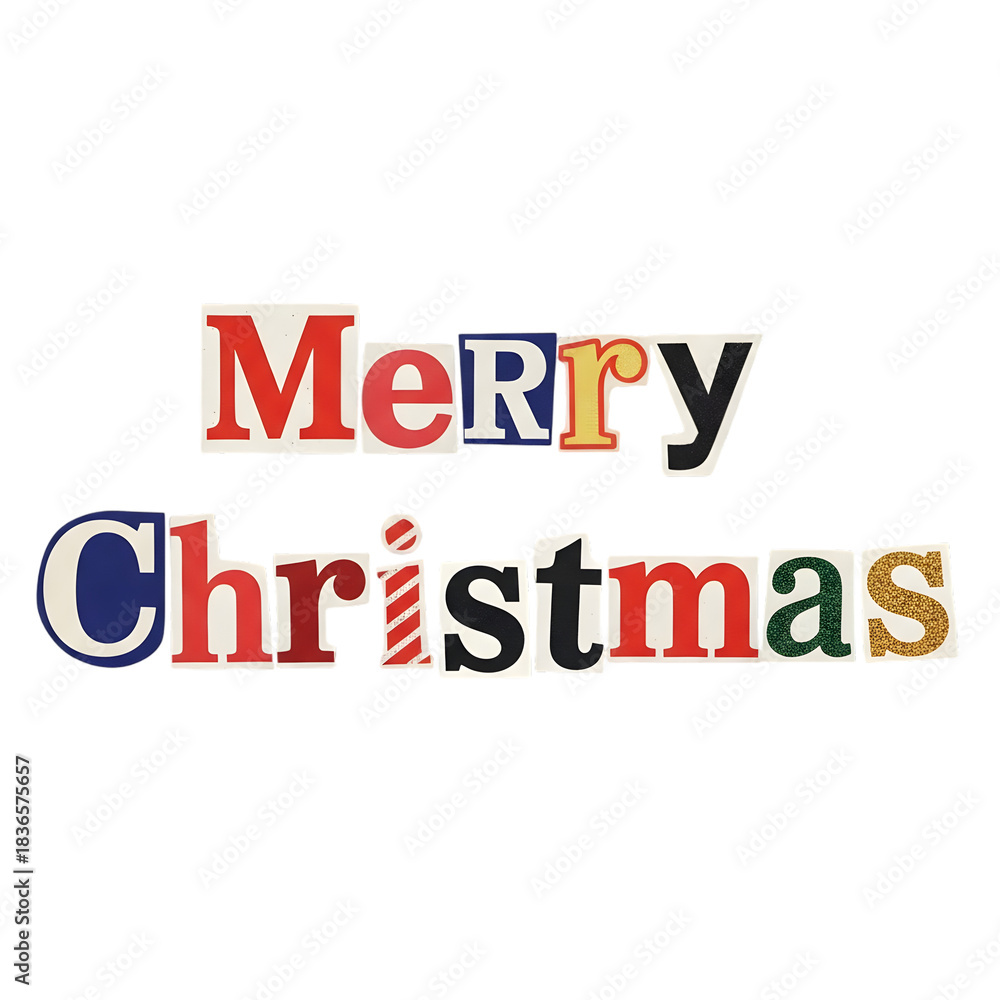 Fototapeta premium Merry Christmas Colorful Cutout Lettering Holiday Text Design Cut Out PNG.