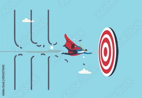 Overcome difficulty or challenge to success, obstacle or problem to solve and achieve target, determination or breakthrough barrier concept, businessman superhero fly through obstacle to reach target