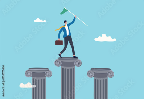Pillars of success, foundation or support to achieve business target, challenge to be winner or rules of success, stable and strong leadership concept, businessman holding winning flag on pillars