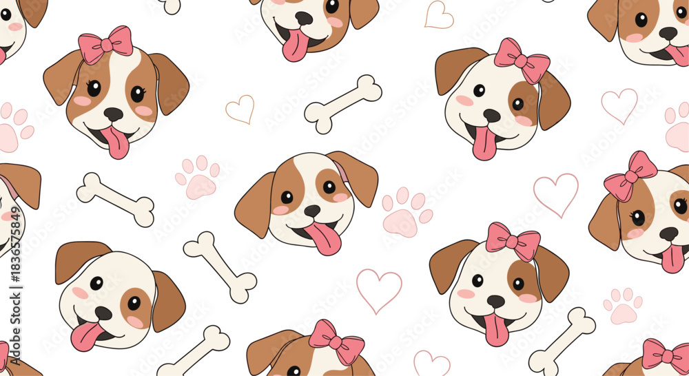 Fototapeta premium Sweet and adorable seamless pattern featuring cute puppy faces, pink bows, bones, hearts, and paw prints on a white background.