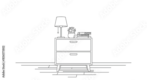 Minimalist line art illustration of a modern bedside table with a lamp, a small succulent plant, and a stack of books on top.