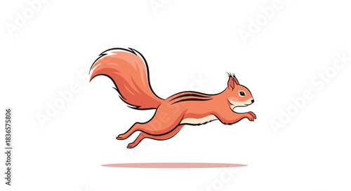 Dynamic and energetic cartoon illustration of a cute red squirrel with a bushy tail, captured in a mid-air leaping motion.