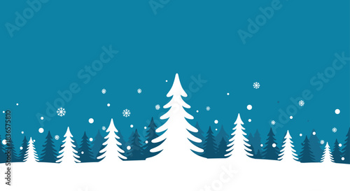 Silhouette of a snowy winter forest landscape with falling snowflakes, creating a serene and peaceful horizontal border design.