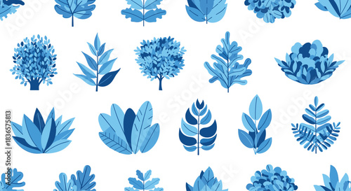 Seamless pattern of stylized blue trees, bushes, and foliage, creating a modern, monochromatic botanical background design.