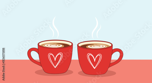 Romantic illustration of two steaming red coffee mugs with hand-drawn hearts, side-by-side for a Valentine's Day greeting.