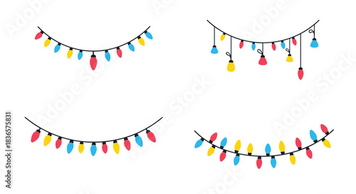 A festive set of four different colorful Christmas light garlands, perfect for holiday decorations, borders, and celebratory designs.