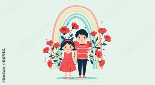 Sweet illustration of a young boy and girl holding hands, framed by beautiful red flowers and a colorful pastel rainbow backdrop.