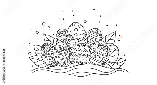 A delightful black and white line art illustration of decorated Easter eggs in a nest of leaves, perfect for a coloring page activity.