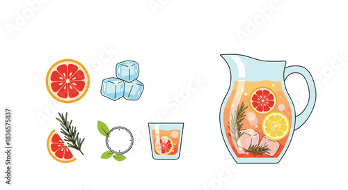 A refreshing set of illustrations for making grapefruit lemonade, including a pitcher, glass, ice cubes, and fresh ingredients.