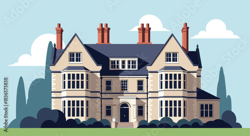 Elegant flat vector illustration of a traditional English stately home or manor house with a grand facade and blue sky backdrop.