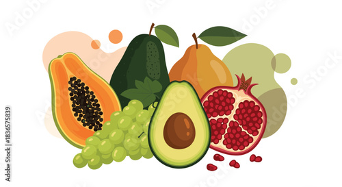 Vibrant and colorful composition of various fresh fruits including papaya, avocado, pear, grapes, and pomegranate on a white background.