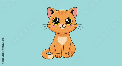 Adorable cartoon illustration of a cute ginger tabby kitten with big, expressive eyes, sitting on a plain light blue background.