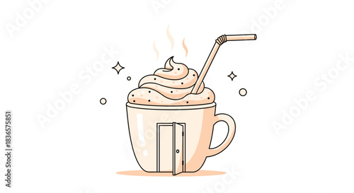 Whimsical and surreal line art illustration of a coffee mug transformed into a tiny house with a door, topped with whipped cream.