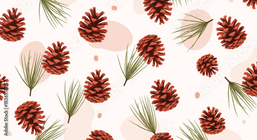 A rustic seamless winter pattern with realistic pinecones and needles, complemented by soft abstract shapes for a modern, cozy touch.