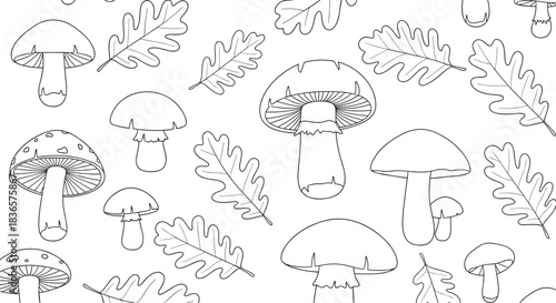 Black and white seamless pattern with various hand-drawn forest mushrooms and oak leaves, perfect for a coloring book page.