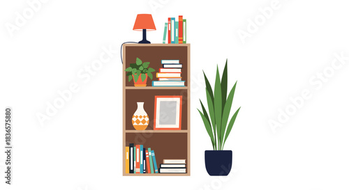 Cozy interior scene with a wooden bookshelf filled with books, a lamp, a vase, and house plants on a white background for home decor.