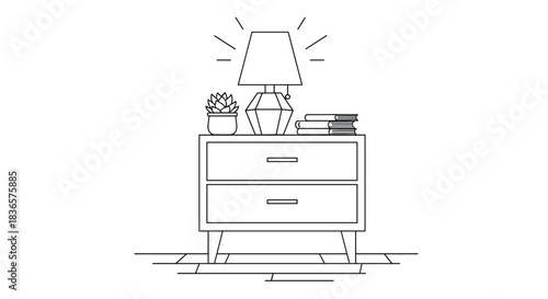 Minimalist line art illustration of a modern nightstand with a glowing lamp, succulent plant, and books in a clean bedroom setting.