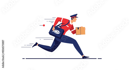Dynamic flat design illustration of a postman in uniform running to make a fast and efficient express delivery of a package.