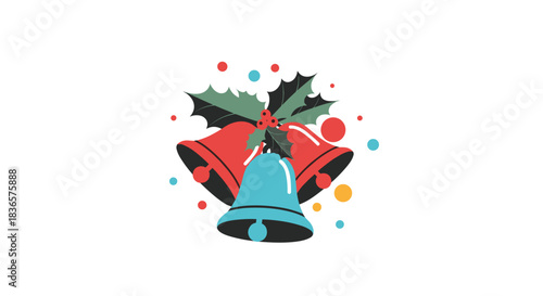 Festive and colorful Christmas bells illustration with holly leaves and berries, perfect for holiday greeting cards and decorations.