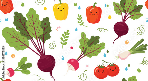 Joyful seamless pattern with cute, smiling cartoon vegetables including beets, peppers, and tomatoes for a healthy food theme.