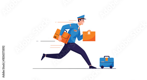A postman in a blue uniform running quickly to deliver packages, representing an express mail and logistics service with speed.