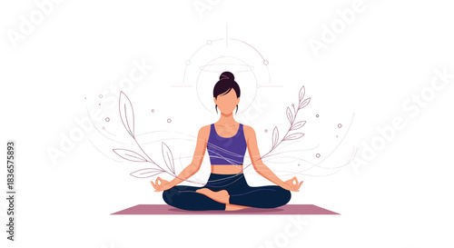 Serene illustration of a woman in the lotus yoga pose, meditating peacefully with abstract botanical elements in the background.