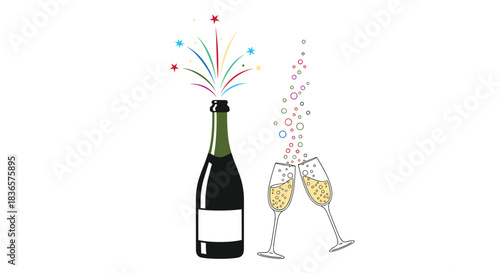 Celebratory illustration of a champagne bottle with popping fireworks and two clinking glasses, perfect for a New Year's party.