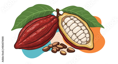 Detailed hand-drawn illustration of whole and halved cocoa pods with scattered beans, showing the inside of the tropical fruit.