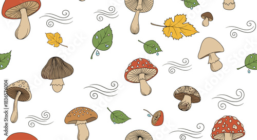 Seamless autumn background featuring a delightful pattern of hand-drawn wild mushrooms, falling leaves, and whimsical wind swirls.