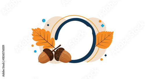Modern autumn-themed circular frame decorated with oak leaves, acorns, and abstract shapes, providing copy space for your text.