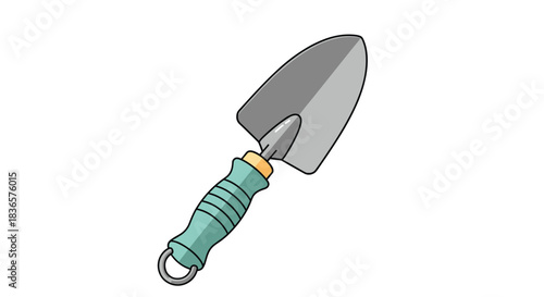 A cartoon illustration of a hand trowel with a teal handle and metal scoop.
