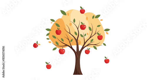 Charming cartoon illustration of a golden autumn apple tree with red apples, some of which are falling to the ground below.