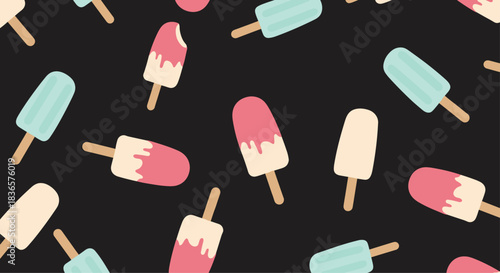Fun seamless pattern with colorful cartoon popsicles and ice cream bars scattered randomly on a solid black background design.